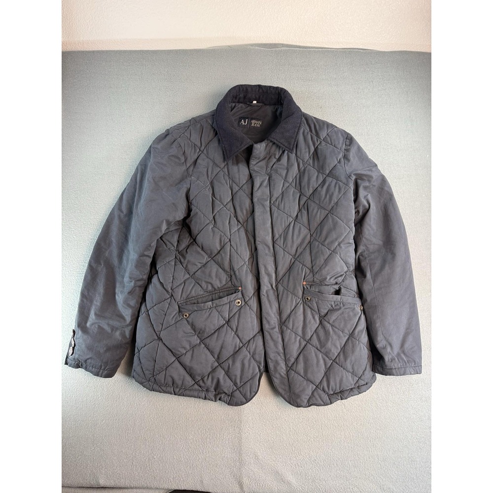 Armani Jeans Jacket Mens 2XL Gray Microfiber Quilted Snap Front Lined Coat